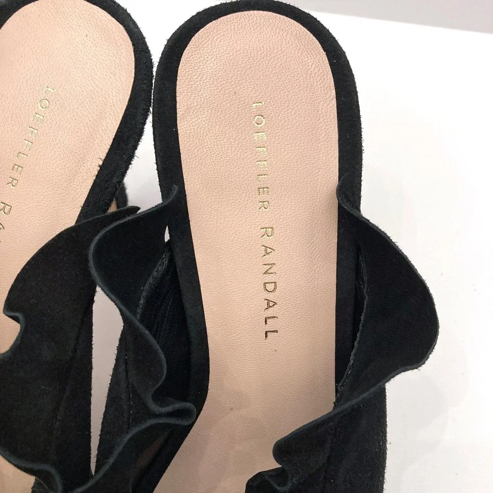Loeffler Randall Ruffled Suede Mules Black Womens 8 B Stiletto Pointed Toe Shoes